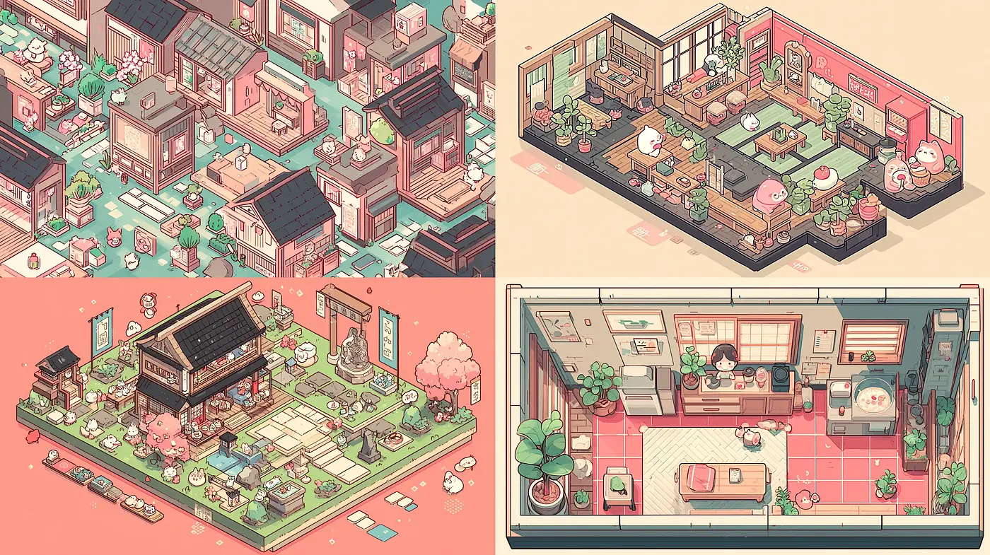 Charming and Playful Isometric Illustrations with Soft Color Schemes - Midjourney sref style