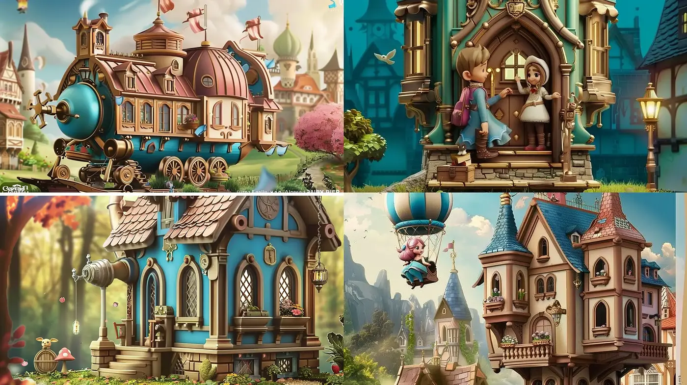 Enchanting Storybook Whimsy: A Crossroads of Fantasy Architecture and Vibrant Gardens - Midjourney sref style