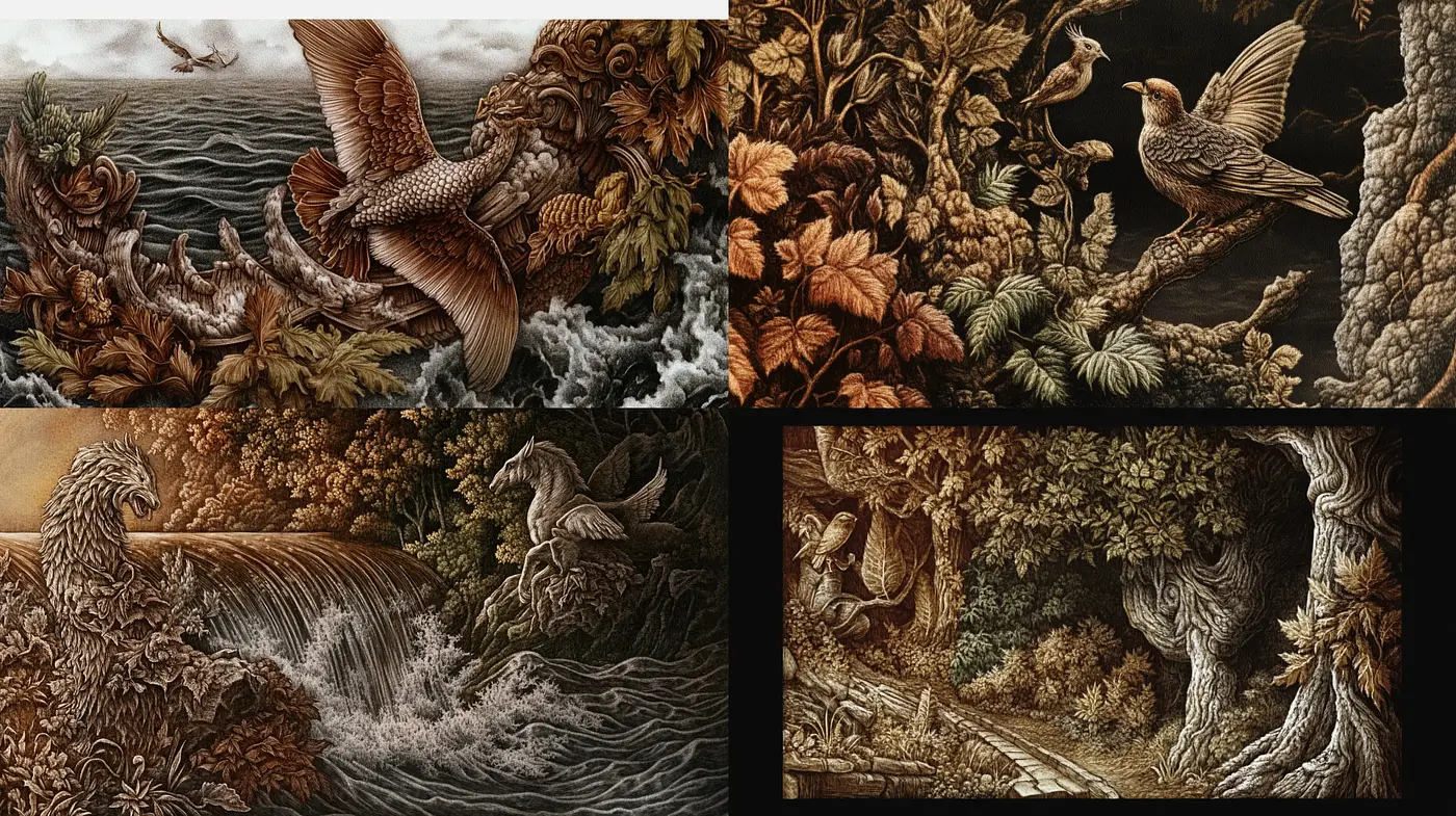 Autumnal Renaissance Tapestry - A Harmonious Blend of Classic Naturalism and Detailed Woven Textures - Midjourney sref style
