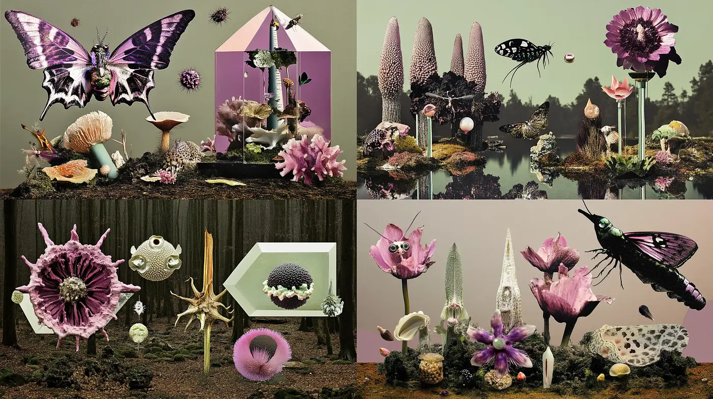 Surrealist Botanical Dreamscape with Ethereal Overtones - Midjourney sref style