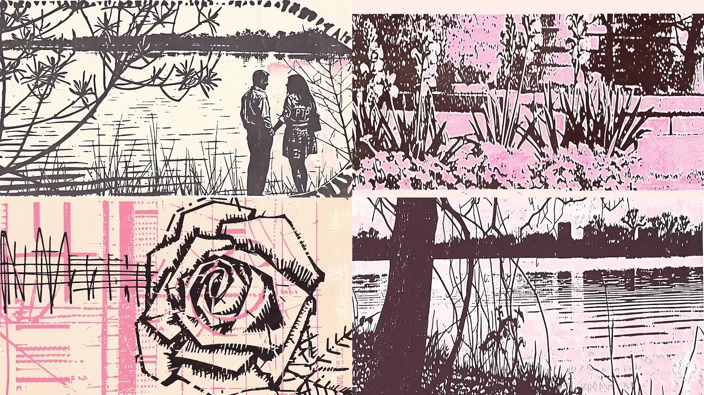 Stylized Illustrative Composition with Nature and Figures - Midjourney sref style