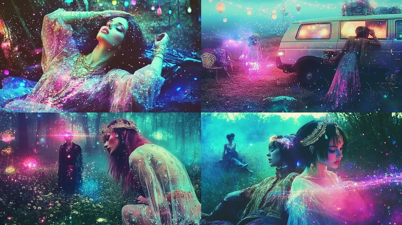 Ethereal Cyberpunk Dreamscape: A Fusion of Neon Luminescence and Fantasy Imagery - Midjourney sref style