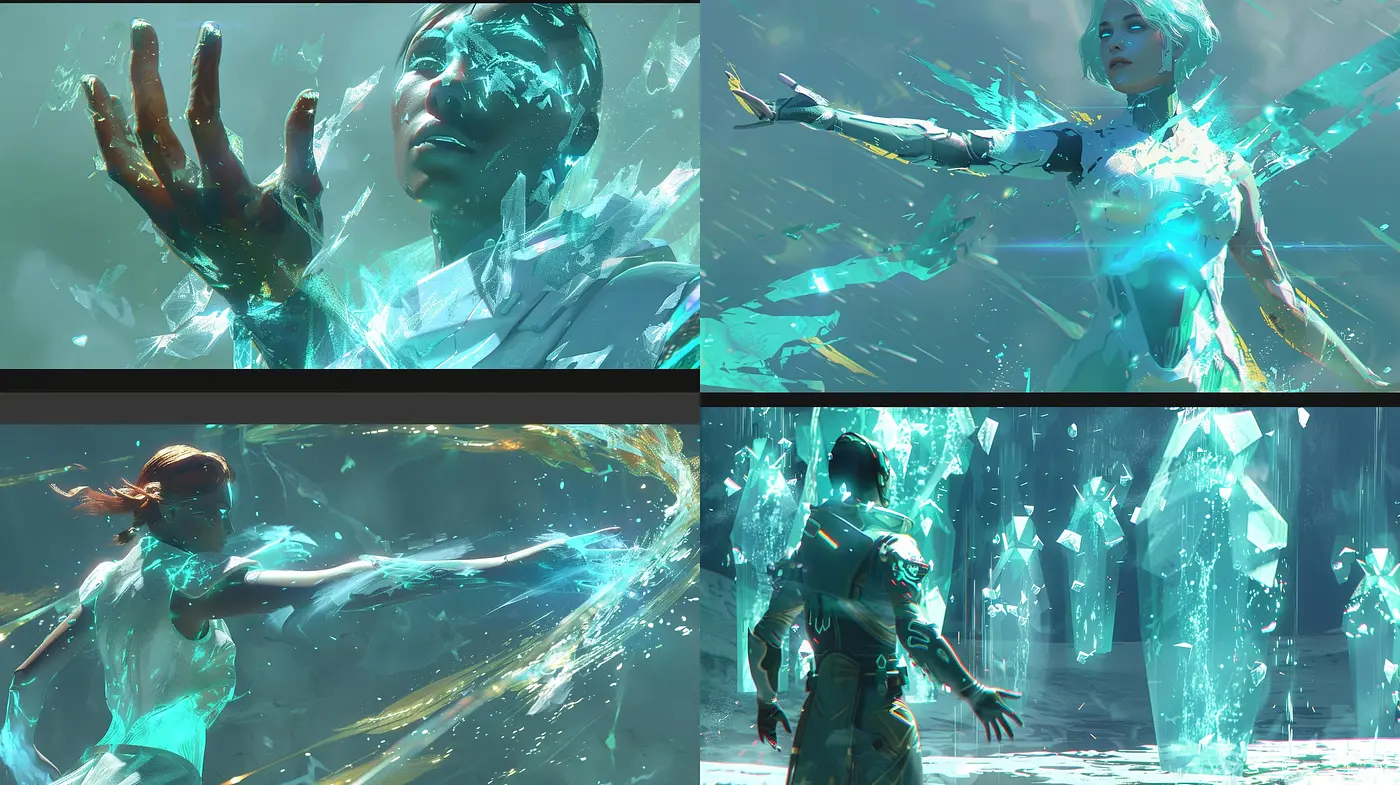 Ethereal Turquoise Dreamscape: A Study in Digital Fragmentation and Luminosity - Midjourney sref style