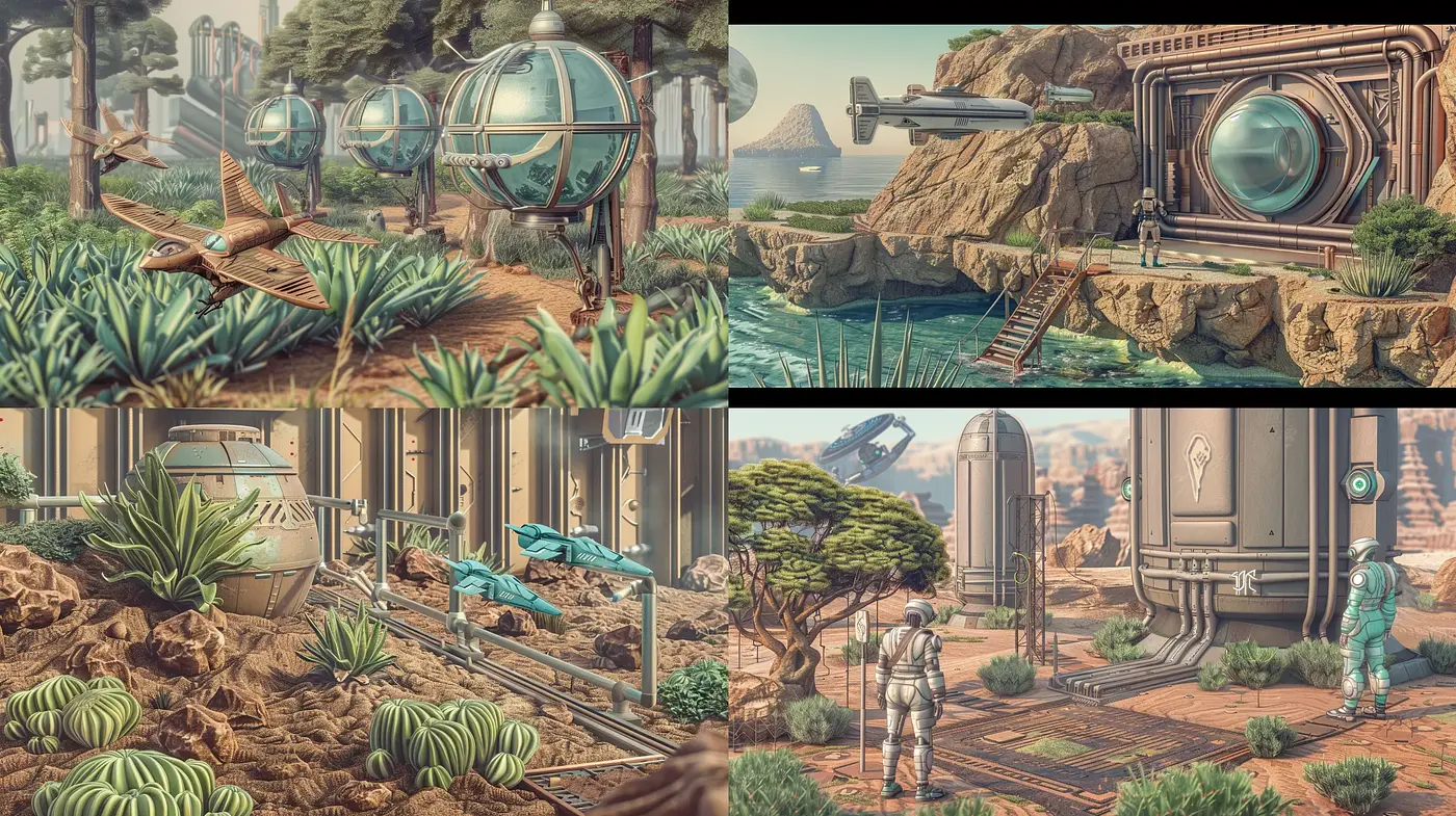Retrofuturistic Dreamscape with a Consistent Verdigris Palette - Midjourney sref style