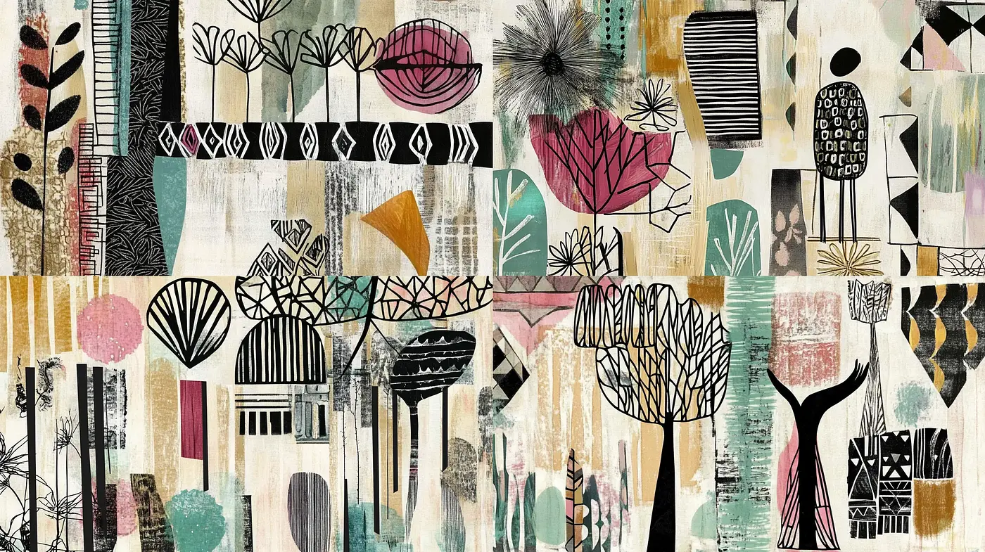 Eclectic Tapestry of Stylized Botanical and Geometric Textures - Midjourney sref style