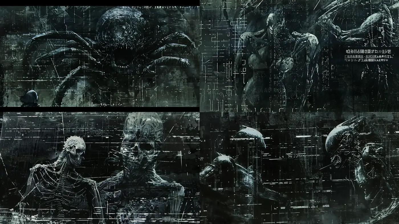 Dystopian Cybernetic Dreamscape: A Fusion of Dark Sci-Fi and Neo-Gothic Elements - Midjourney sref style