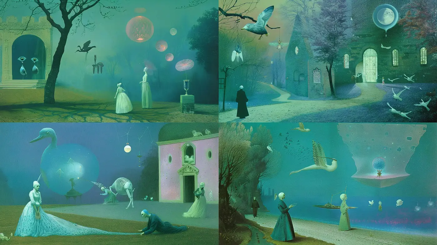Ethereal Nocturnal Dreamscape: A Surrealist Fantasy Blend - Midjourney sref style