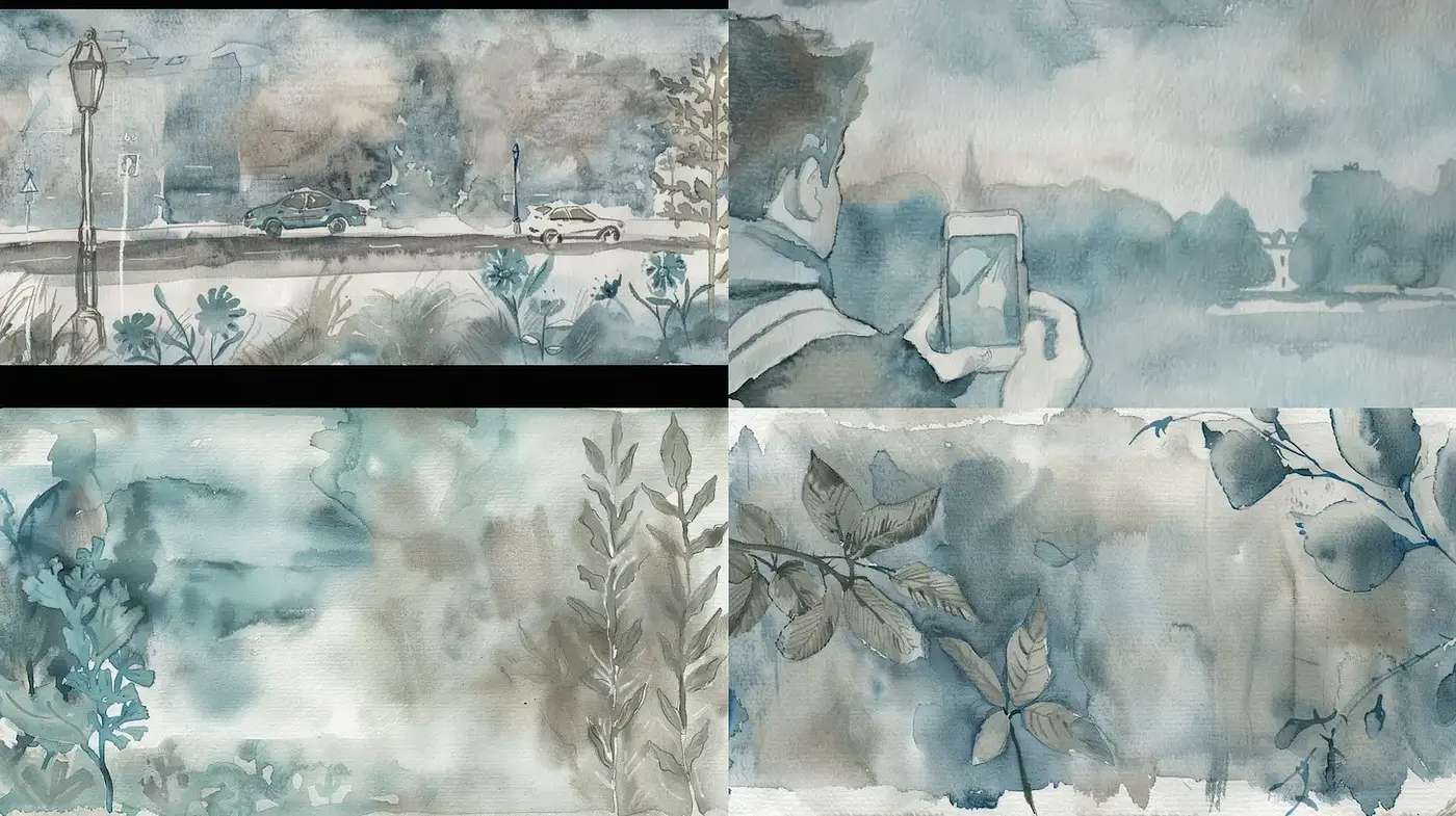 Serene Watercolor Aesthetic with Nature and Urban Themes - Midjourney sref style