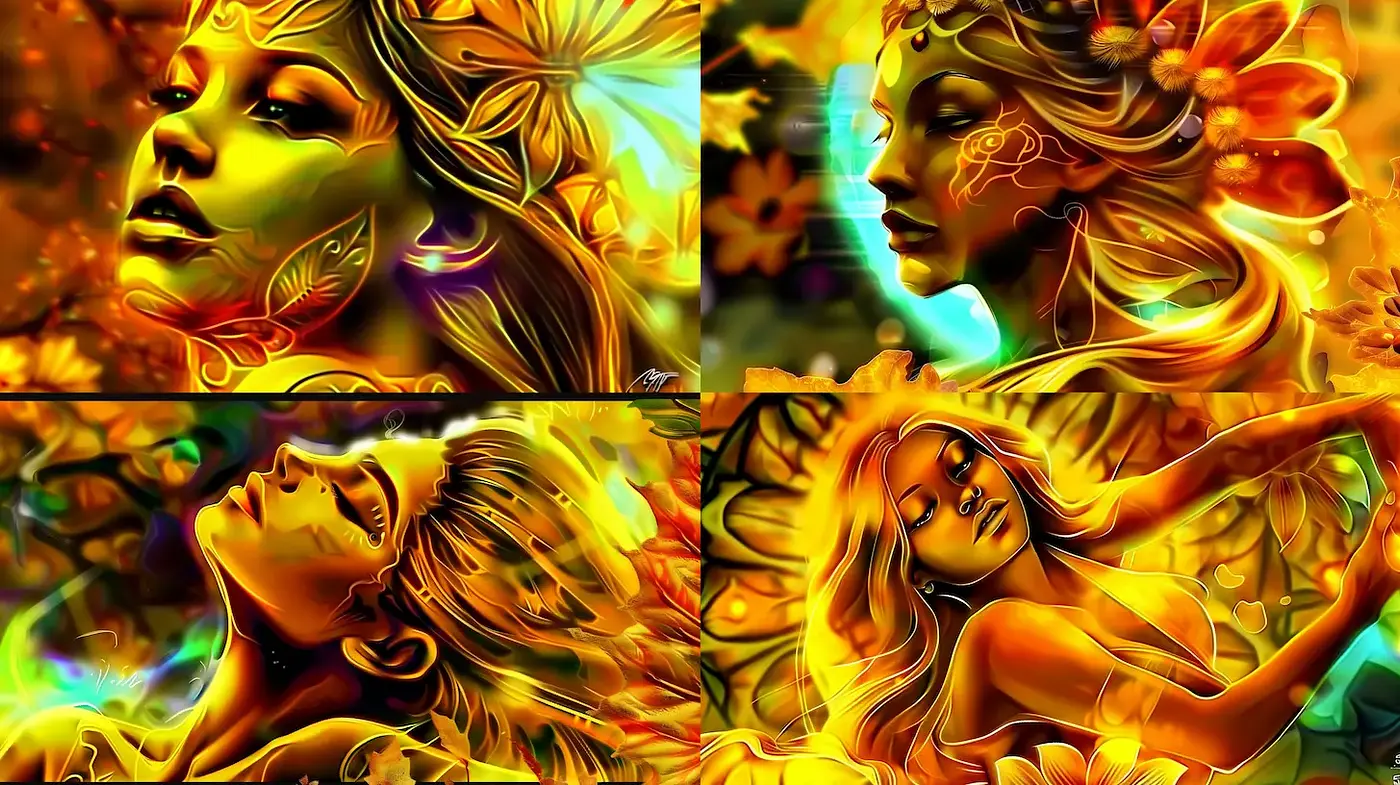 Vibrant Floral Fantasy with Ethereal Female Figures - Midjourney sref style
