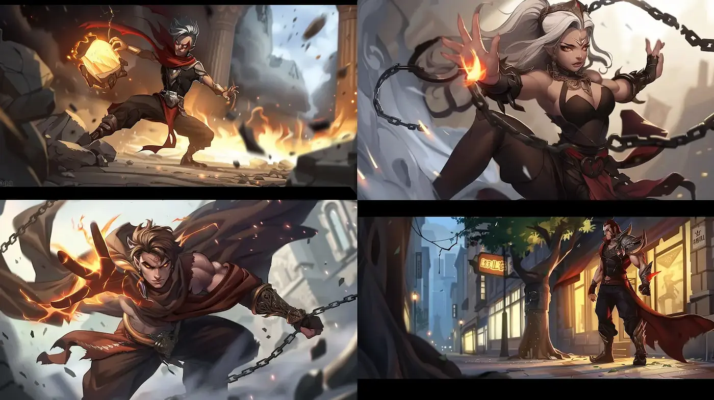 Dynamic fantasy artwork featuring expressive characters in a vibrant urban setting - Midjourney sref style