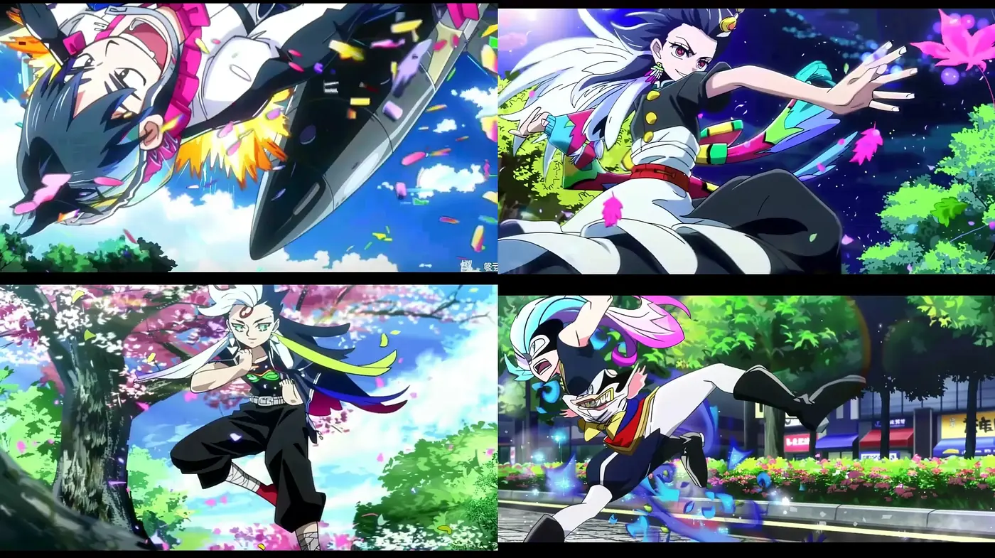 Energetic Anime Action with Vivid Nature Backdrops - Midjourney sref style