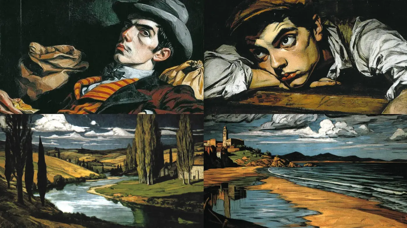Dynamic and Expressive Portraits with Landscapes in a Stylized Aesthetic - Midjourney sref style