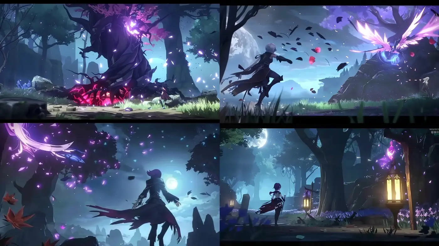 Ethereal Fantasy Landscapes with Luminous Contrasts and Enigmatic Characters - Midjourney sref style