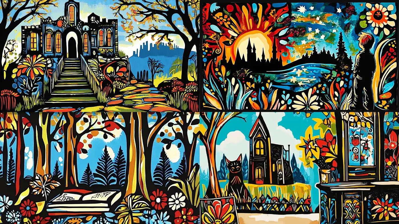 Stylized Botanical Vignettes with Vibrant Contrasts - Midjourney sref style