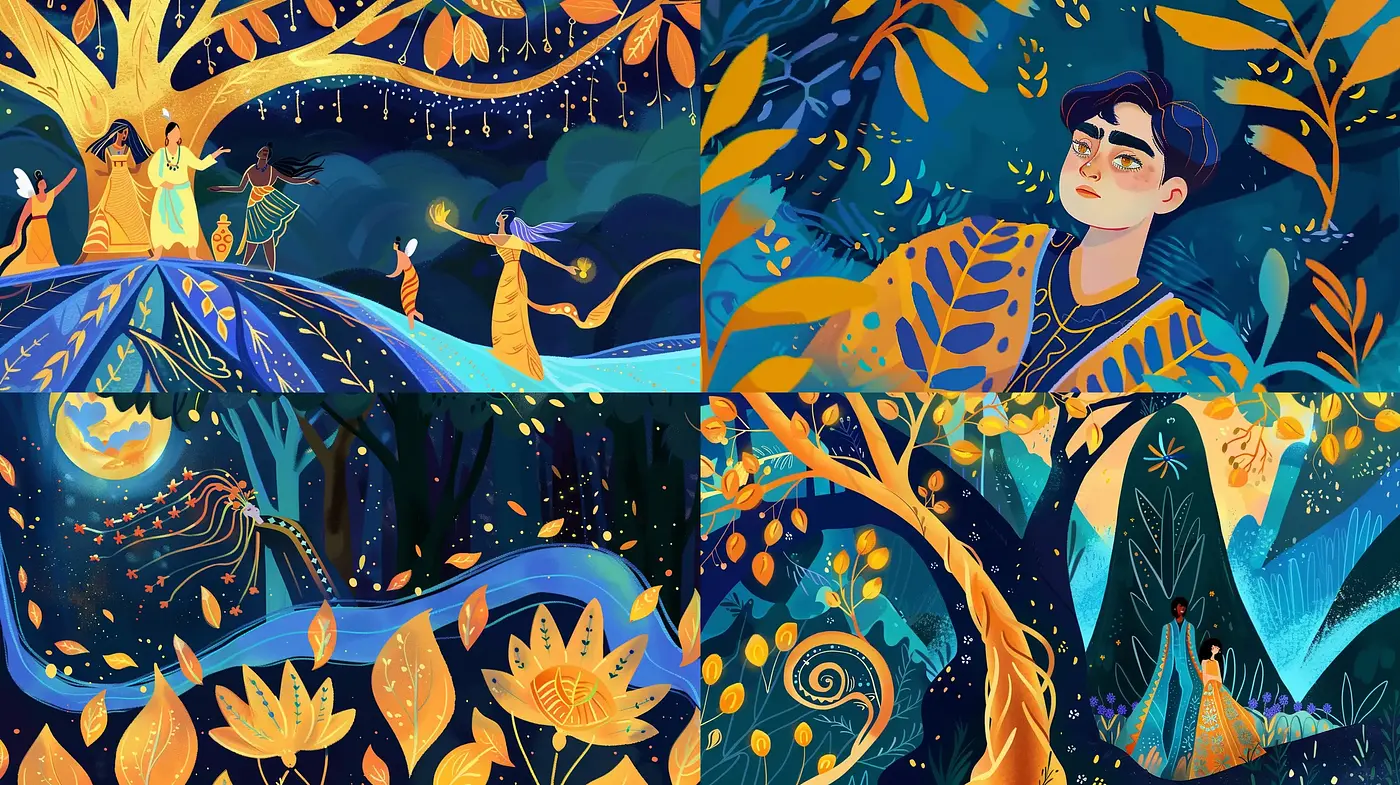 Enchanted Nocturnal Garden: A Symphony of Indigo and Gold - Midjourney sref style