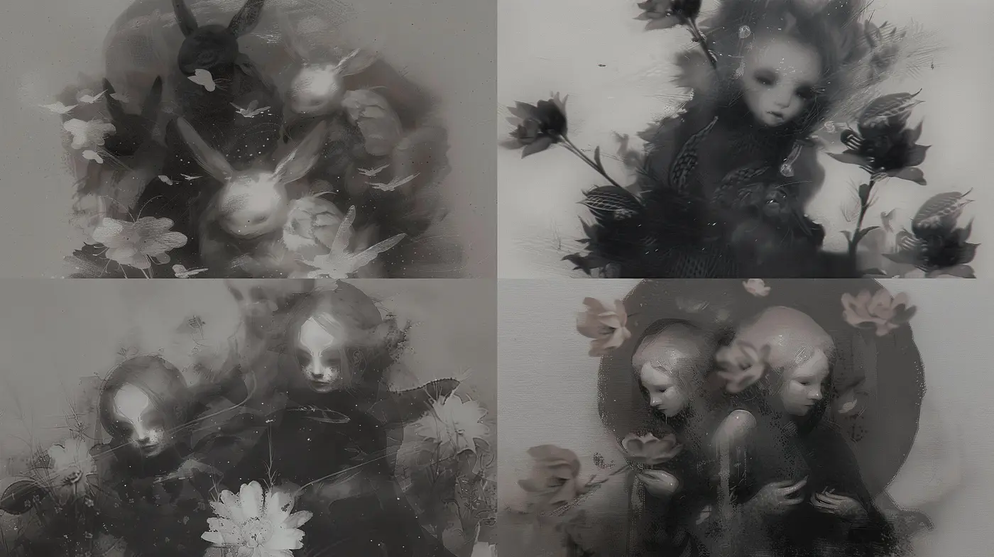 Ethereal Monochrome Dreamscape: Artistic Convergence of Moody Surrealism and Textured Shadows - Midjourney sref style