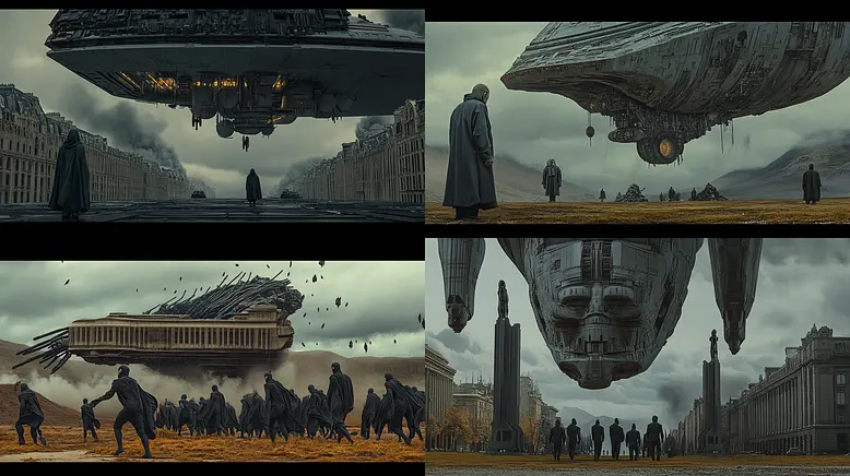 Futuristic dystopian landscapes with a blend of sci-fi and classical architecture