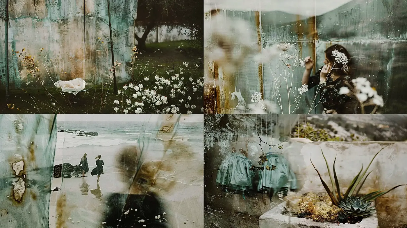 Ethereal Decay and Time's Patina: A Somber Study in Overlaid Memories - Midjourney sref style