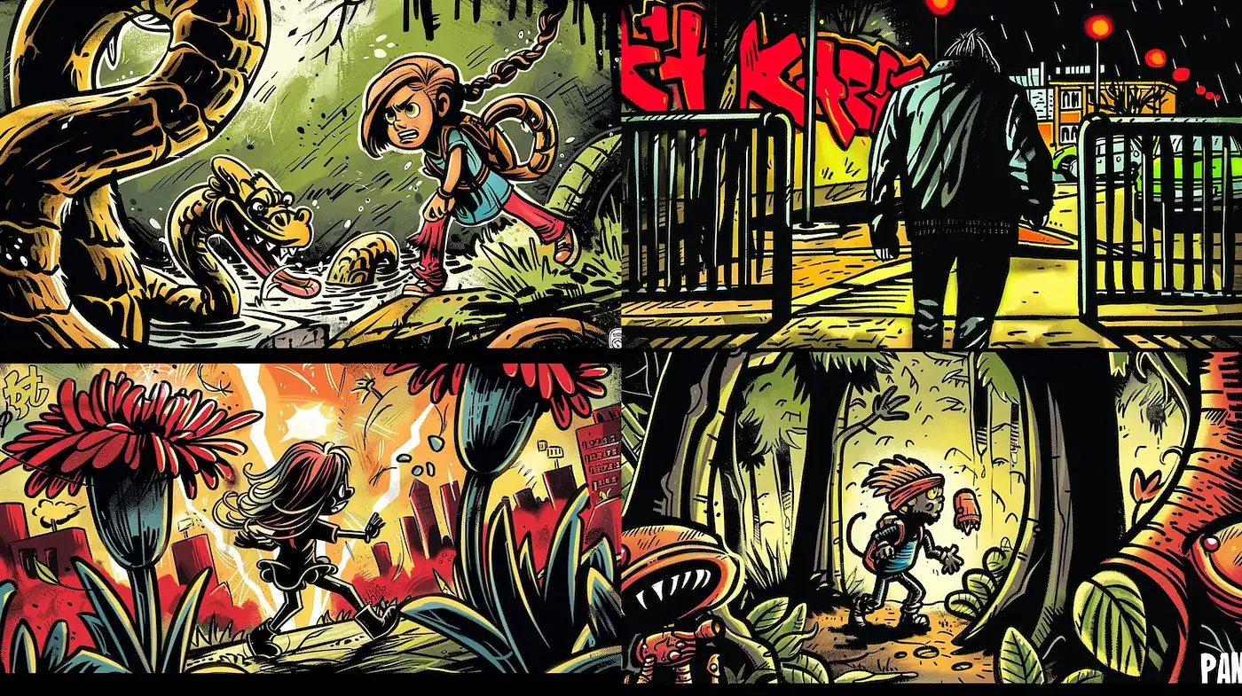 Vibrant comic-like urban adventures with a playful yet eerie atmosphere - Midjourney sref style