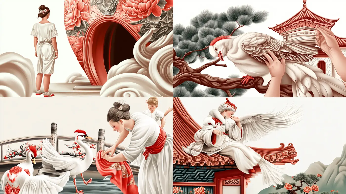 Ethereal Crimson and Porcelain - A Fusion of Traditional Asian Aesthetics with Modern Digital Artistry - Midjourney sref style