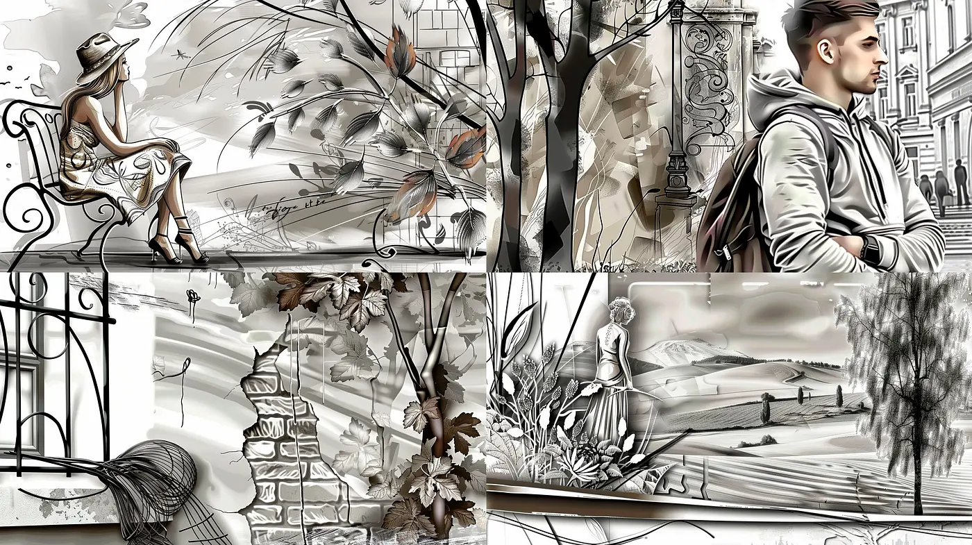 Sepia-toned Sketchbook Fusion with Contemporary Brushwork - Midjourney sref style