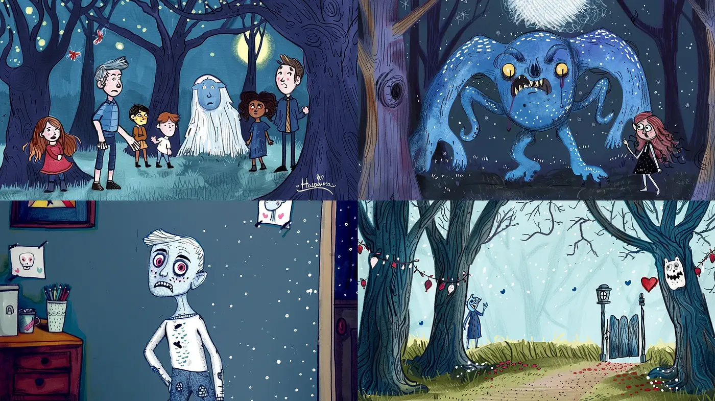 Whimsical Storybook Illustrations with a Tim Burtonesque Essence - Midjourney sref style
