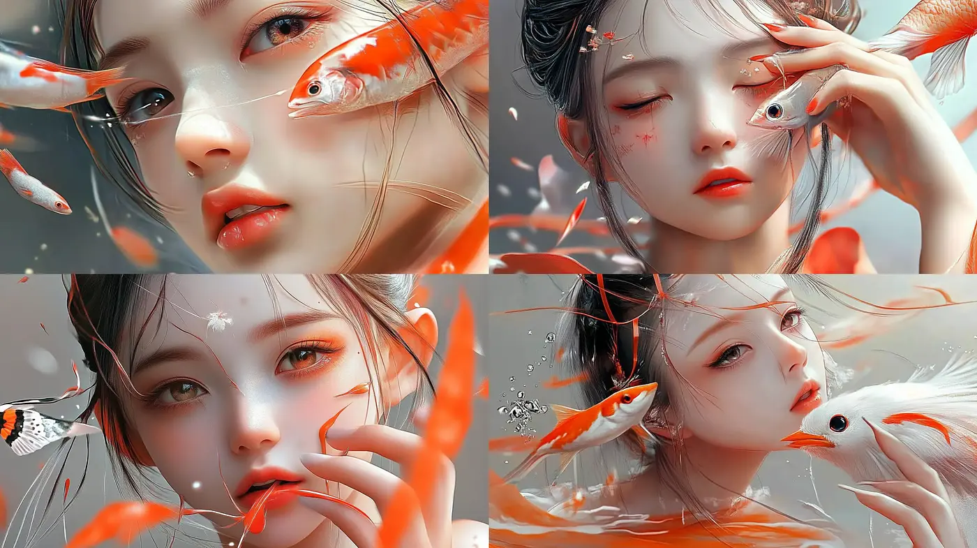 Serene Aquatic Elegance: A Symphony of Oranges and Aquatic hues in a Dreamlike State - Midjourney sref style