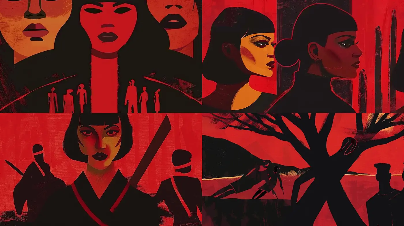 Stylized Noir Red-Black Dichotomy with a Graphic Novel Flair - Midjourney sref style