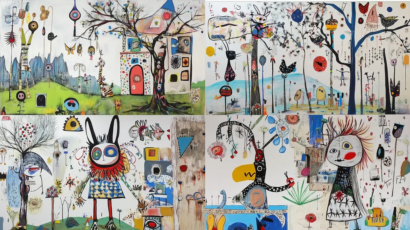 Whimsical Dreamscapes with Surrealist and Naïve Art Tendencies - Midjourney sref style