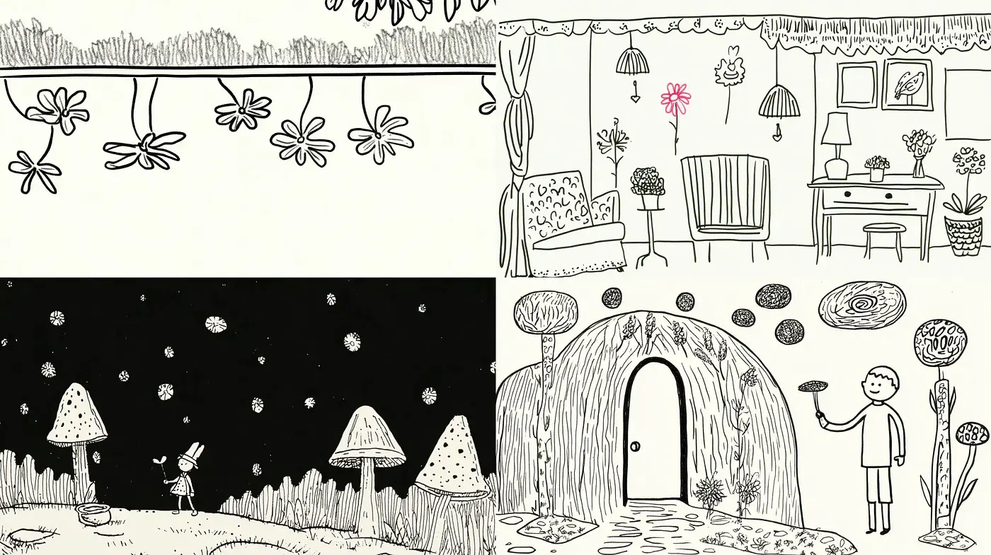 Monochrome Dreamscape: A Journey Through Stylized Pen and Ink Illustrations - Midjourney sref style