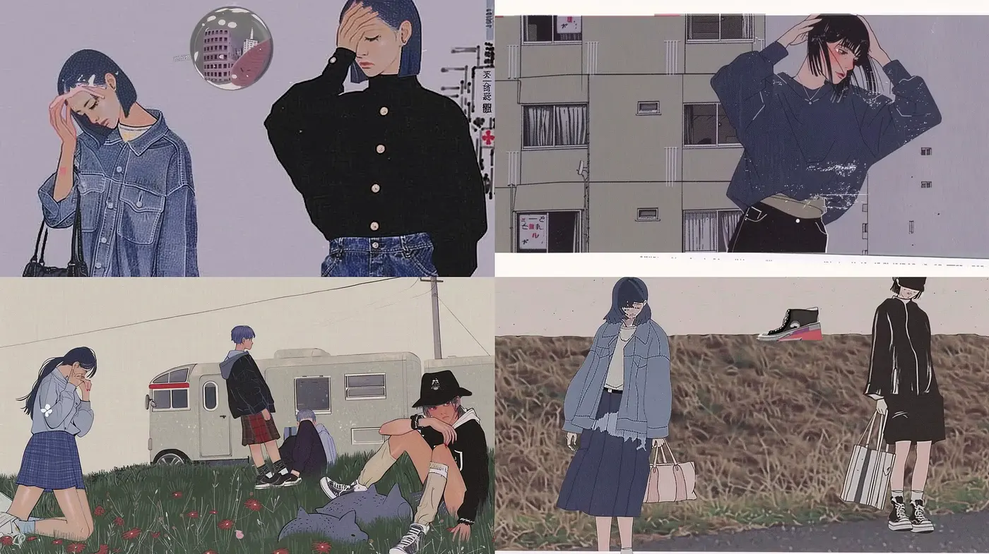 Contemplative Urban Anime-Inspired Illustrative Style - Midjourney sref style