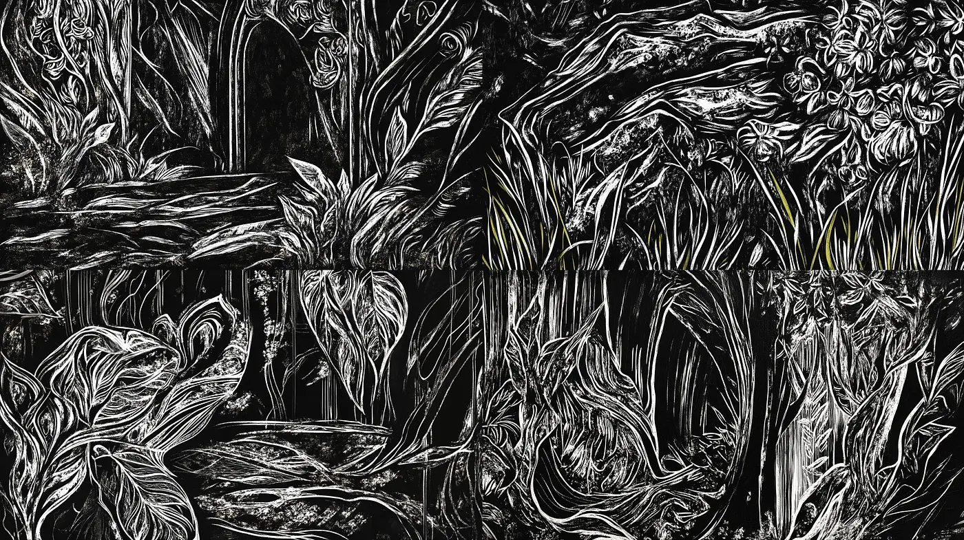 Monochromatic Enigma: A Tapestry of Intricate Noir Botanics - Midjourney sref style