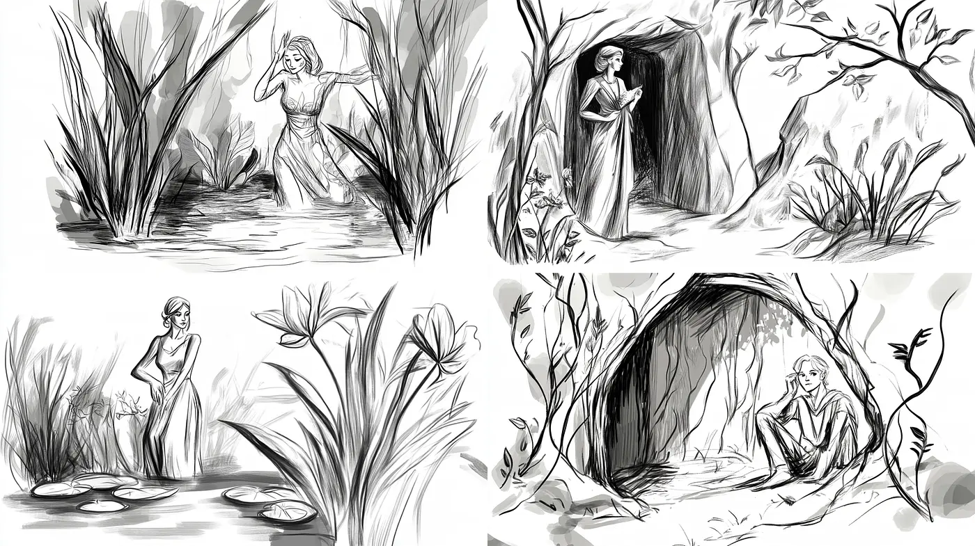 Elegant Black and White Illustrations with Organic Elements - Midjourney sref style