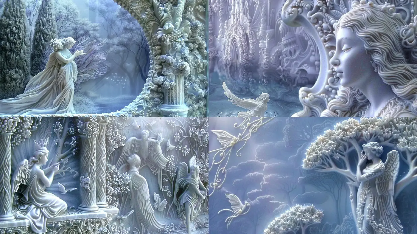 Ethereal Frosted Dreams: A Homage to Mythological Grace in Chiaroscuro - Midjourney sref style