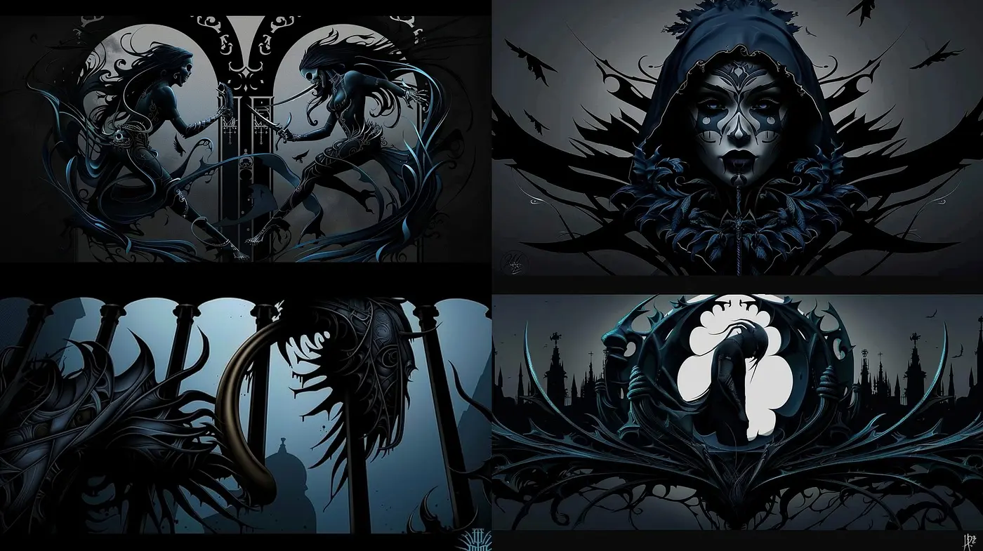 Nocturnal Elegance: A Fusion of Gothic and Art Nouveau Under Midnight Tones - Midjourney sref style