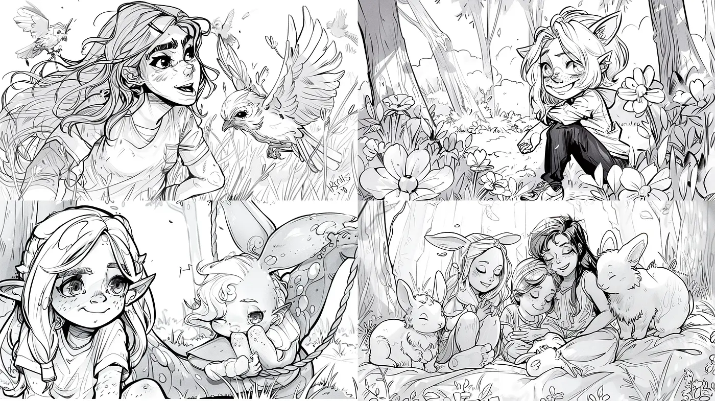 Monochromatic Whimsy: A Consistent Exploration of Playful Fantasy Illustrations - Midjourney sref style