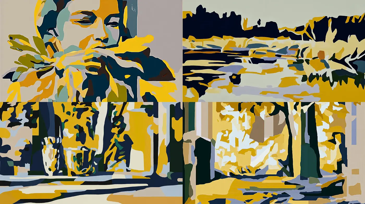 Golden Hues and Stylized Forms in Semi-Abstract Visualization - Midjourney sref style