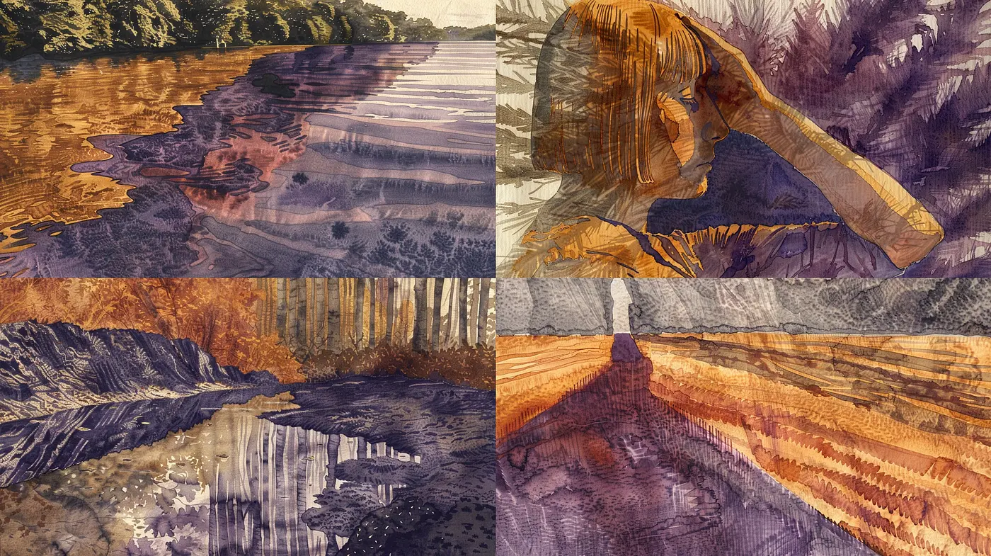 Twilight Amber Hues: A Textural Dance of Light and Shadow in Watercolor Washes - Midjourney sref style
