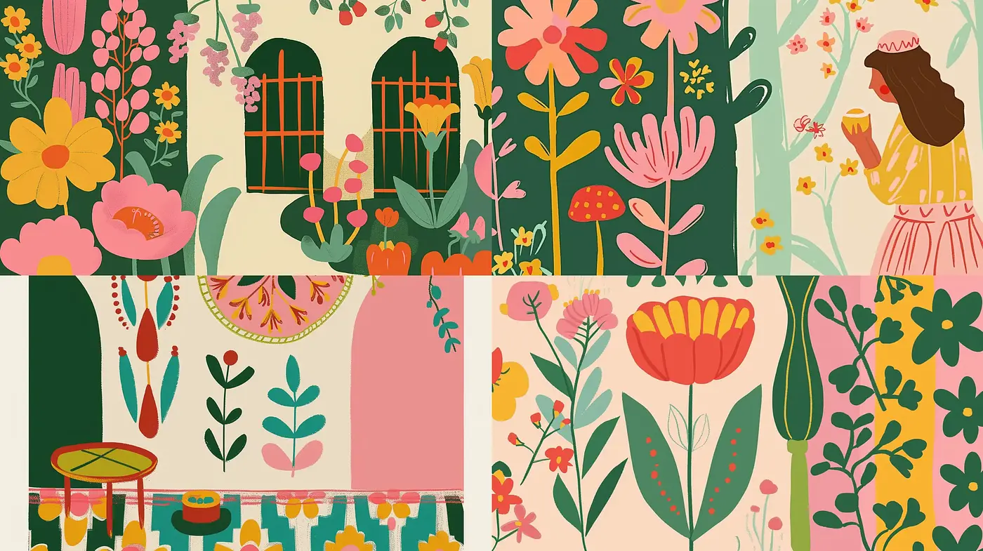 Consistent Floral Narrative Illustrated in Vibrant Storybook Aesthetic - Midjourney sref style
