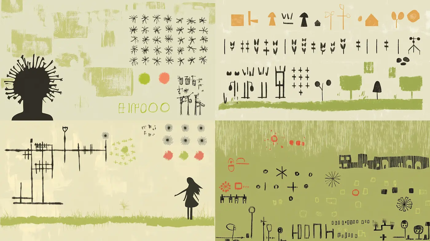 Abstract Hieroglyphic Essence in Pastel Landscapes - Midjourney sref style