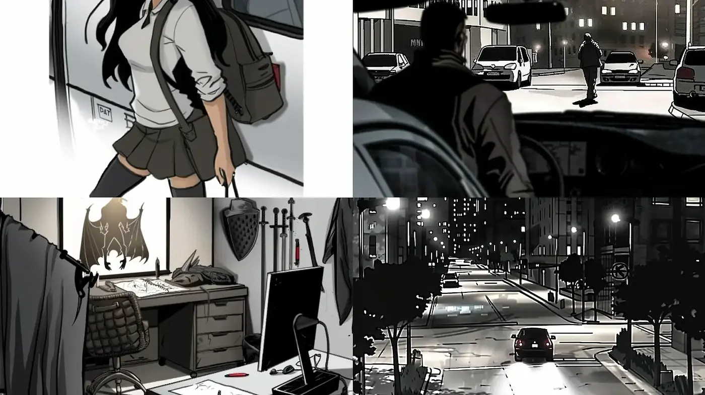 Urban Noir with a Touch of Graphic Novel Aesthetics and Vintage Charm - Midjourney sref style