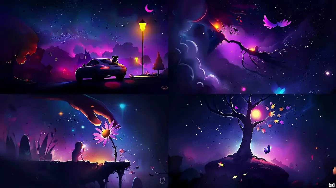 Surreal Dreamscapes with Luminous Elements and a Whimsical Vibe - Midjourney sref style