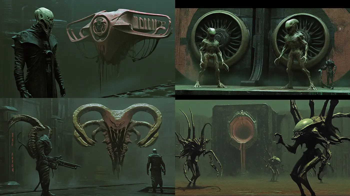 Dystopian Biomechanical Dreamscape Fusion - Midjourney sref style