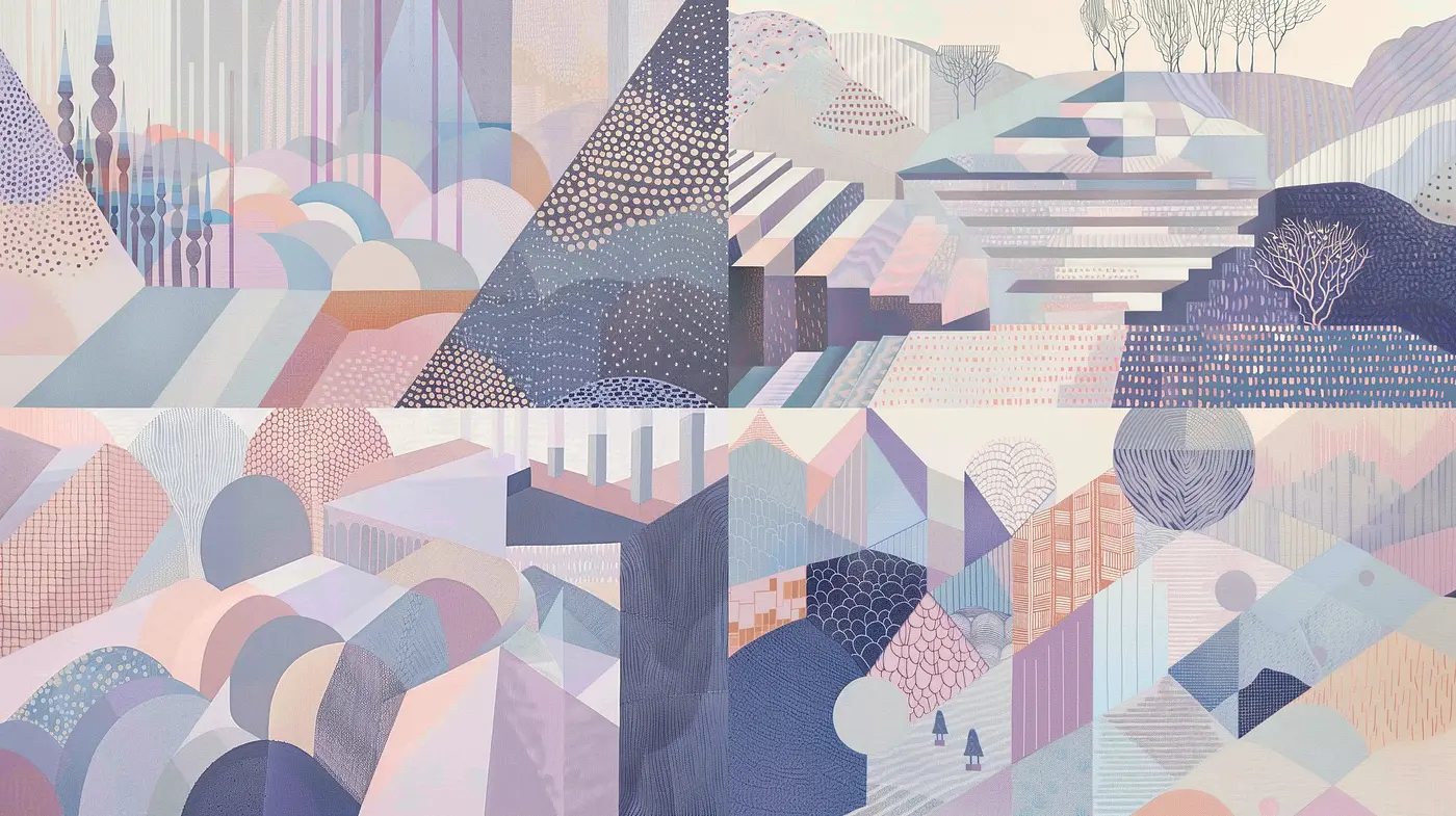 Serenely Stippled Dreamscape: A Harmonious Fusion of Pastel Geometry - Midjourney sref style