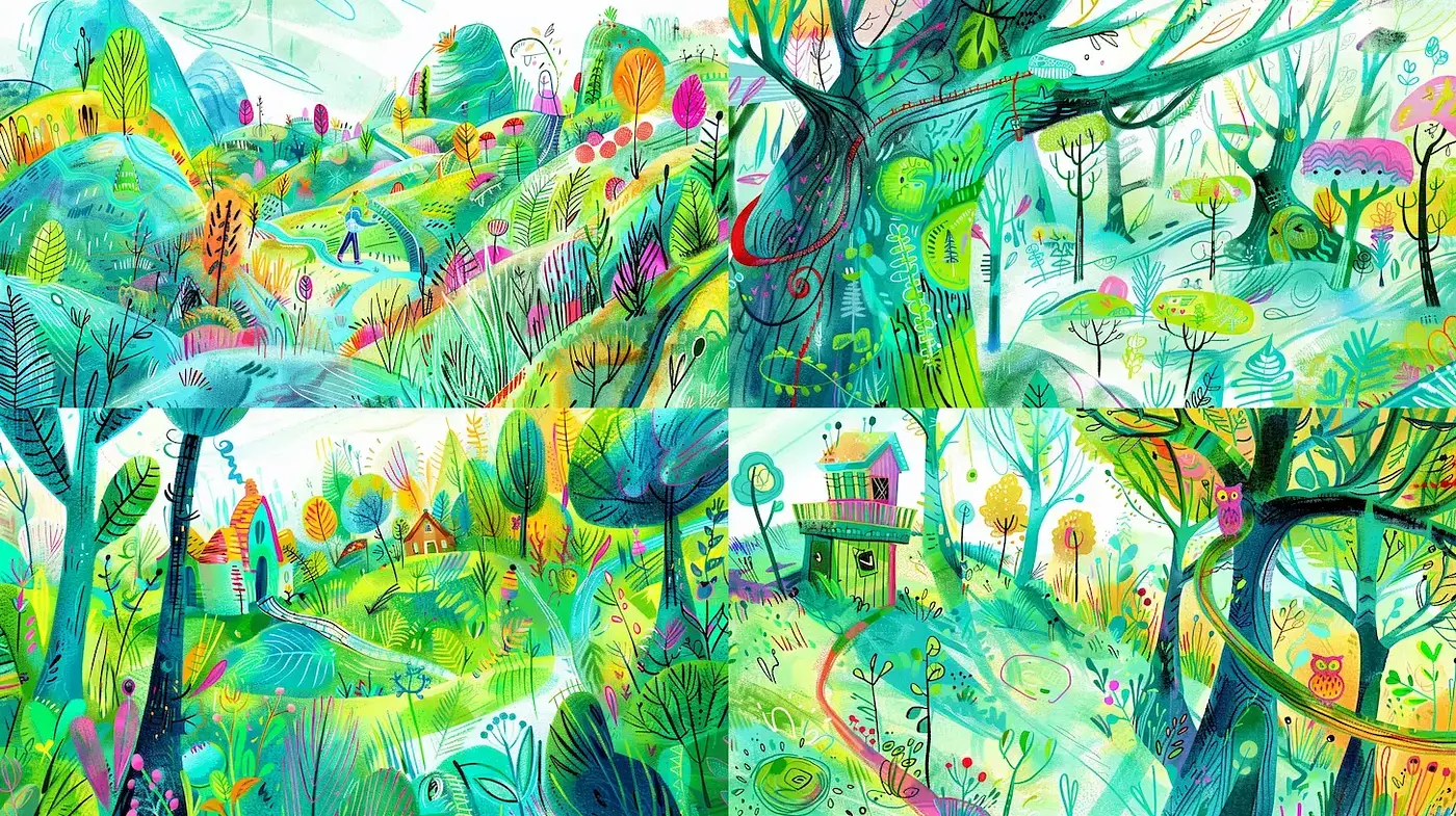 Vibrant and whimsical landscapes with a playful essence - Midjourney sref style