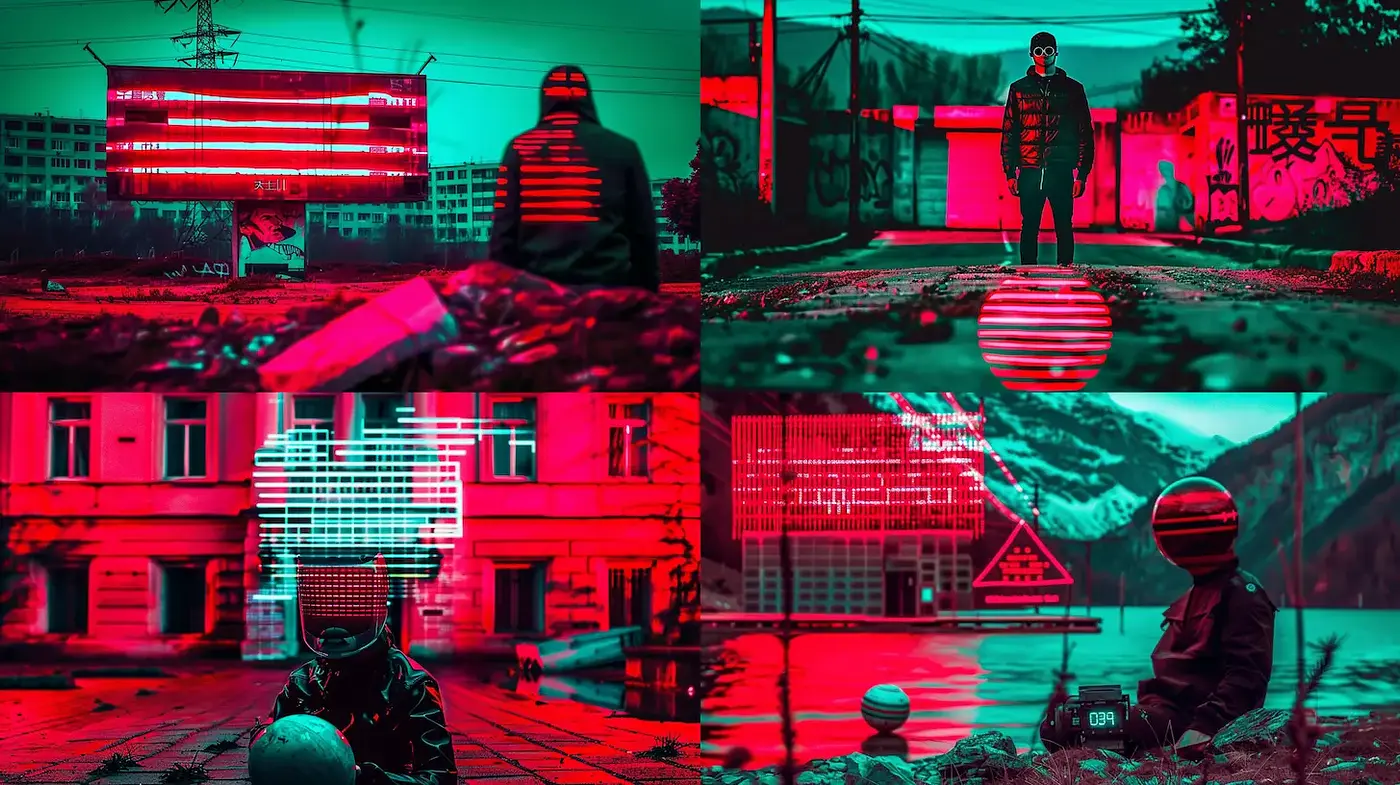 Futuristic Dystopian Visuals with Glitch Aesthetic - Midjourney sref style