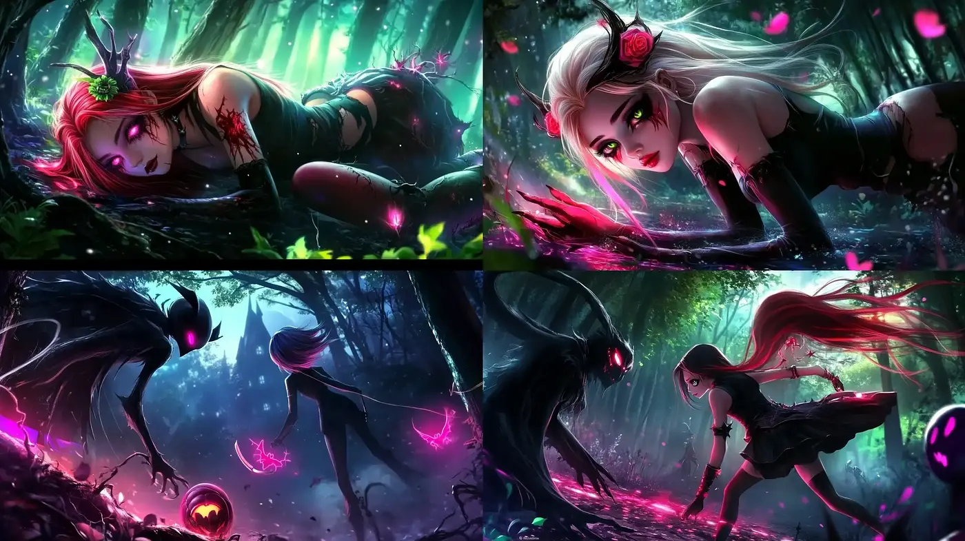 Enchanted Nocturnal Forest: A Vivacious Blend of Anime-Inspired Elegance and Mystical Ambiance - Midjourney sref style