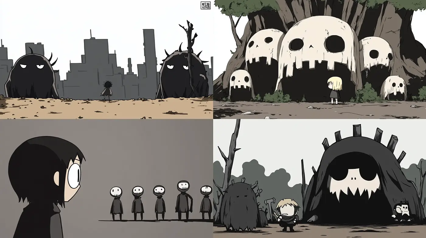 Monochromatic Storybook Harmony with a Muted Enigmatic Essence - Midjourney sref style