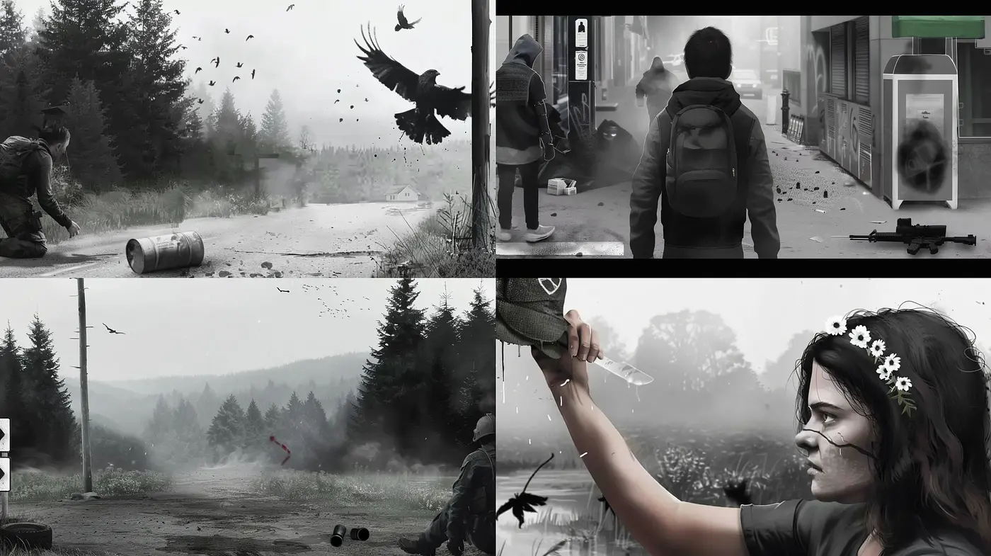 Monochromatic Elegy: A Unified Vision of Melancholy and Resilience - Midjourney sref style