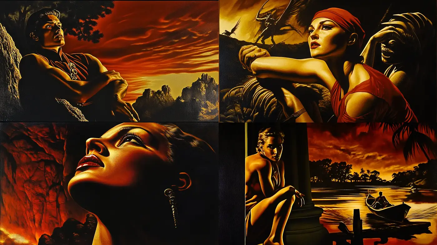 Sunset Silhouettes and Amber Hues: A Cinematic Homage to Nostalgic Warmth - Midjourney sref style